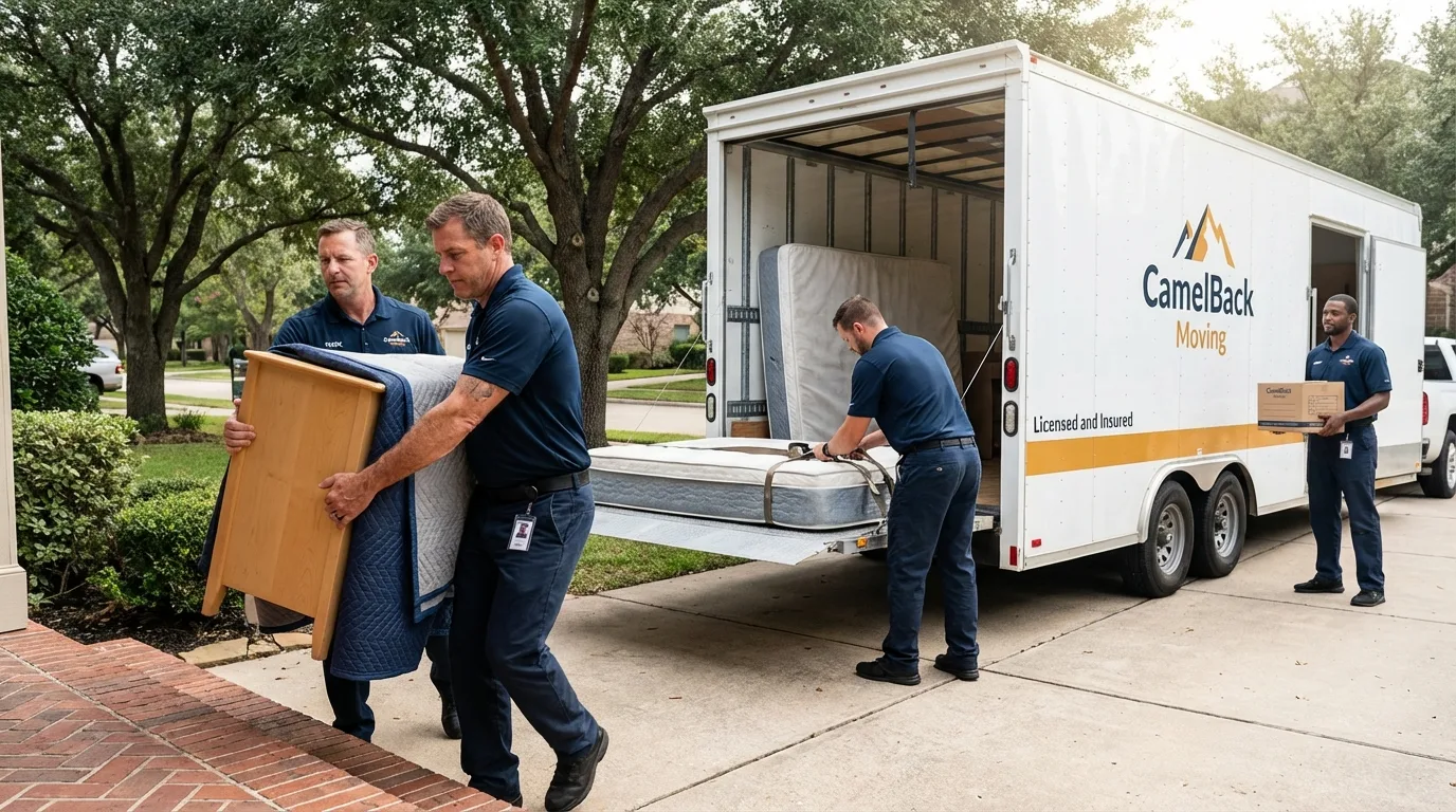 Crew loading residential truck for cross-state move from Mena, AR