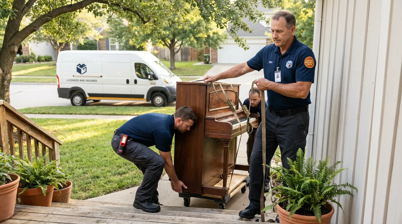 Licensed piano movers securing grand piano in Mena, AR