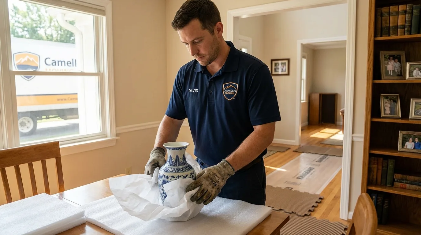 Professional crew carefully wrapping antique vase for senior downsizing move in Mena, AR